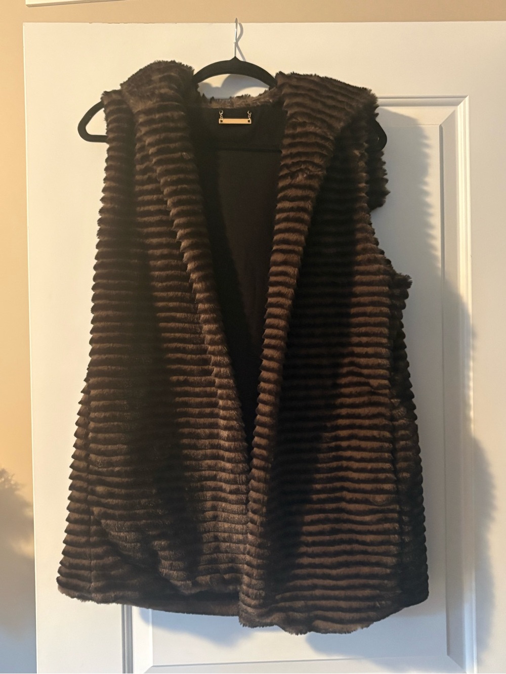 Tahari Chocolate Brown Ribbed Faux Fur Hooded Vest